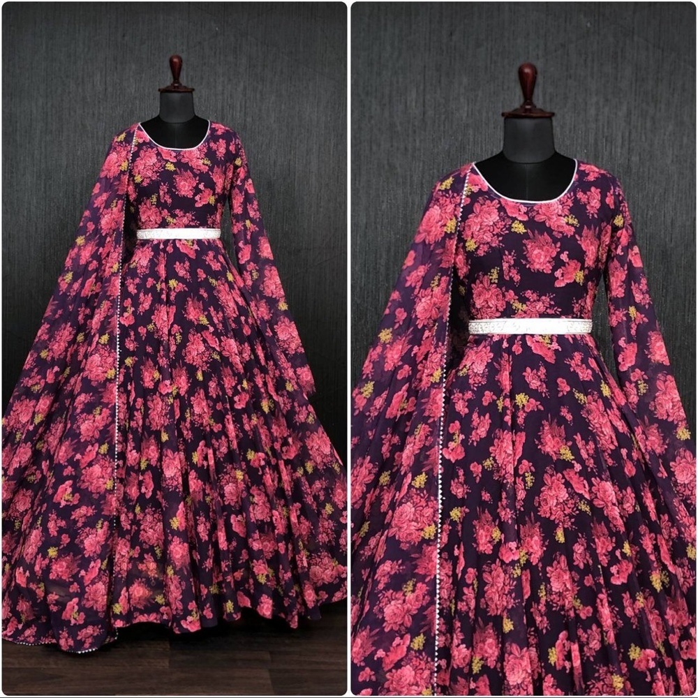 Faux Georgette With Rich Flower Digital Printed Gown With Dupatta and Belt.